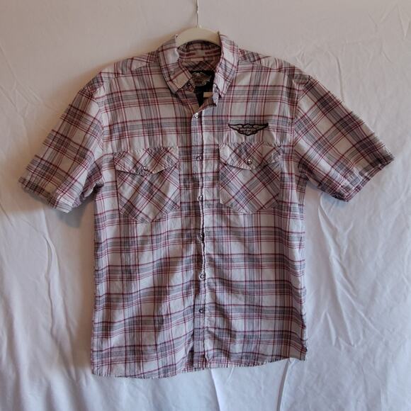 Harley-Davidson Western Plaid‎ Short Sleeve Shirt Patches Snap Close Men's Small - Picture 1 of 6